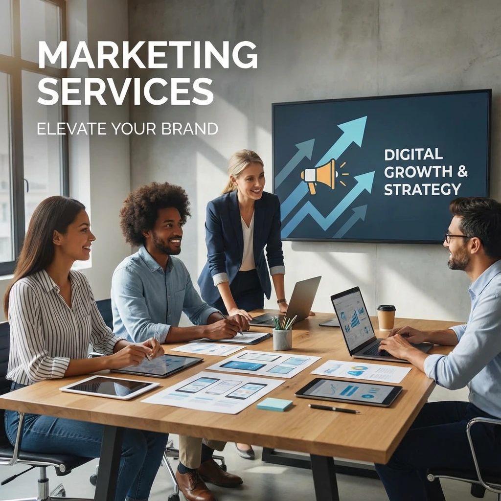group of staff siting around a table discussing marketing services