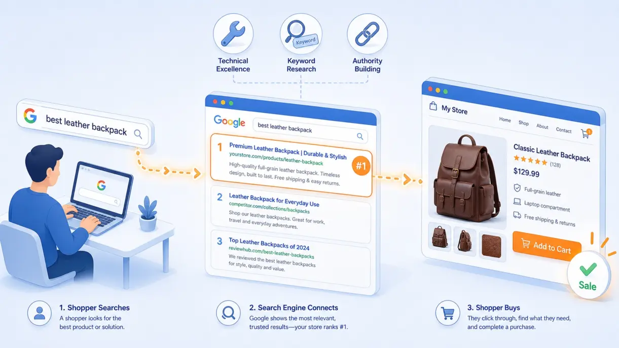 Illustration of how e-commerce SEO connects shoppers to your store