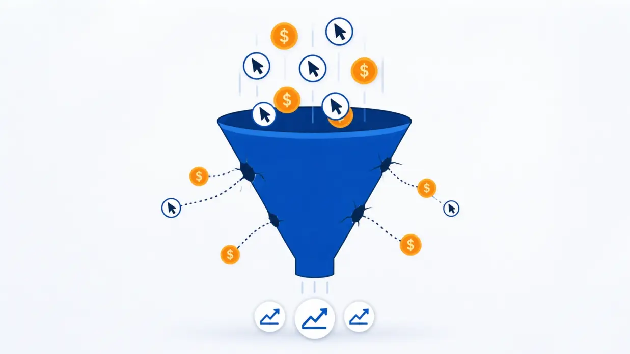 Illustration of a funnel receiving paid ad clicks, with budget leaking out through gaps before converting into sales