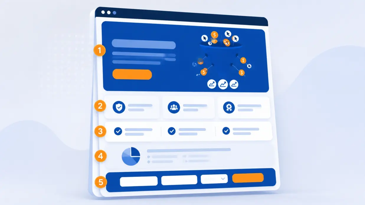Annotated diagram of an accountable paid advertising setup: message-matched ad and landing page, one tracked goal, waste-cutting, clear reporting and full account ownership