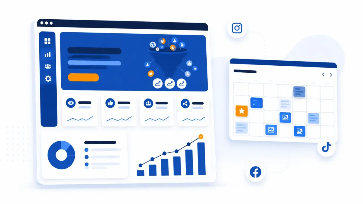 Social media marketing agency dashboard showing a content calendar and performance results across Instagram, LinkedIn and TikTok