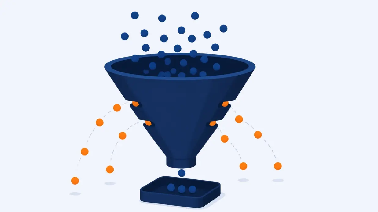 Illustration of a funnel receiving ad clicks, with some clicks leaking out through gaps before converting