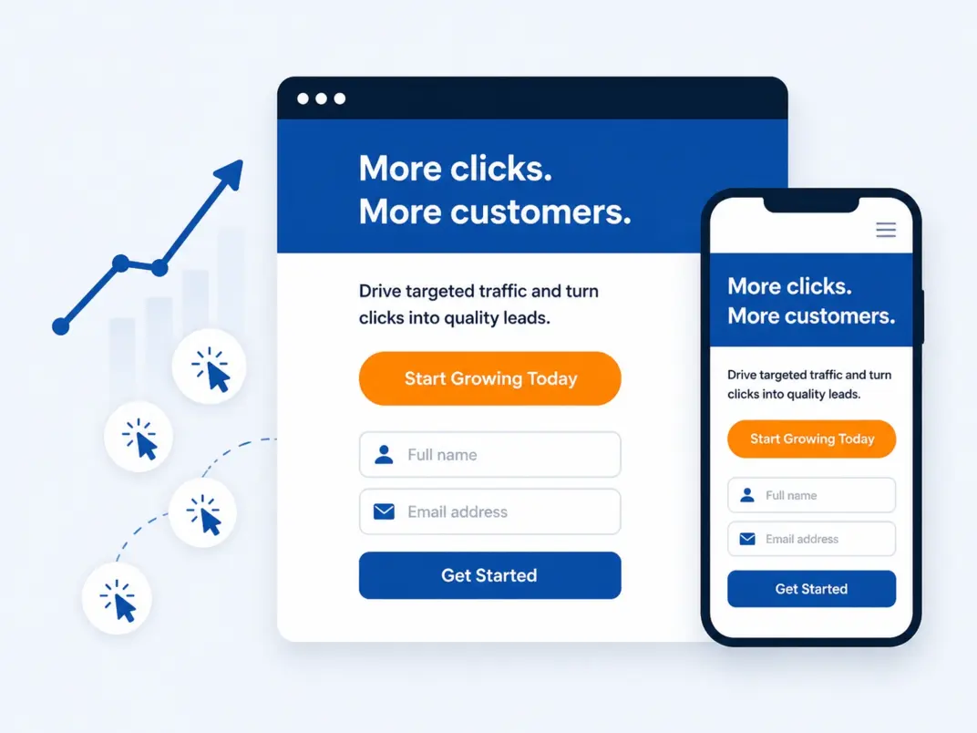 Landing page design services in Hong Kong: a high-converting campaign landing page shown on desktop and mobile with clicks converting into leads